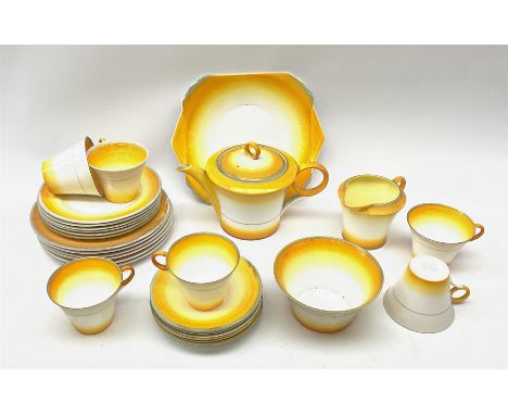 A Shelley Art Deco tea service, decorated in pattern no W12405, with bands of grey, orange and yellow, comprising teapot, ope