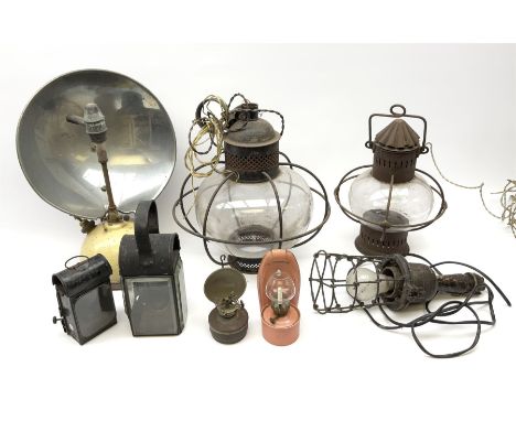 Hanging light with glass shade and metal framework, similar smaller example, two small oil lamps, inspection light and variou