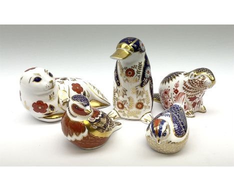 Five Royal Crown Derby paperweights, comprising Chaffinch, and Goldcrest, each with gold stopper, and box, example modelled a