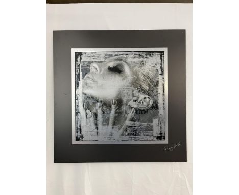 An overlaid photographic type print on aluminium and floated on a black mount. Signed indistinctly. H.100 W.100. D.3cm. 
