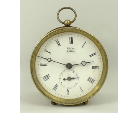 A French brass barrel cased alarm clock, Collet a Paris, 19th century, white enamel dial bearing Roman numerals, secondary al