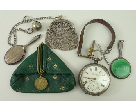 A silver gentleman's pocket watch by Kendal & Dent, London, no 853846 with a leather strap, a silver miniature hand mirror wi