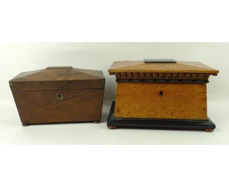 A late Regency burr yew and ebonised twin division tea caddy of casket form, the lid with a dentil frieze, raised on bun feet