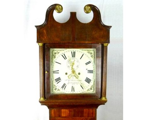 An early 19th century oak longcase clock, circa 1820, with a 12 inch square dial painted with Roman numerals and floral spand