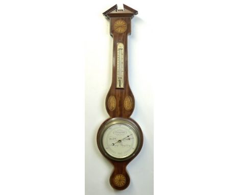 A Short & Mason mahogany and cross banded wheel barometer with sunburst paterae and shell inlay, with thermometer, 22 by 6 by