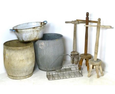 Two dolly tubs, 46 diameter by 54cm high, three dolly pegs, a small white enamel bath and a galvanized 1950's milk bottle car