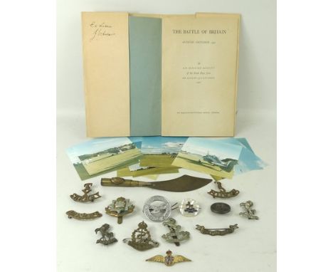 A quantity of military cap badges including the 20th London Regiment, The East Surrey and Kent Regiments, Royal Canadian Army