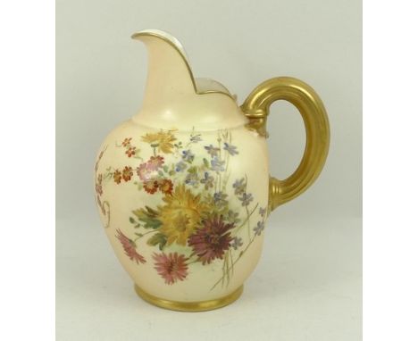 A Royal Worcester blush porcelain jug, circa 1901, of compressed form painted with meadow flowers, shape no 109, printed mark