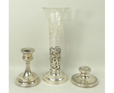 A silver and glass bud vase, the silver holder decorated with pierced scrollwork, William Devenport, Birmingham 1901,a silver