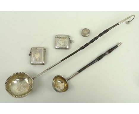 A Victorian Scottish silver cream ladle with carved whalebone handle, GE, Glasgow, 1852, a plated toddy ladle, two silver ves