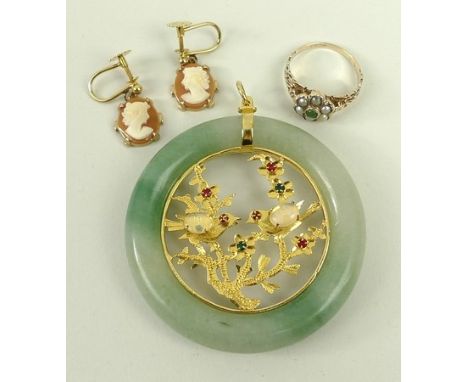 A pair of 10ct gold cameo earrings with screw clips, a jade pendant, the circular band with central decoration of birds on br