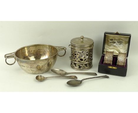 A group of silver, comprising a porringer, London 1926, a comport pot holder, London 1902, spoon with twisted stem and scroll