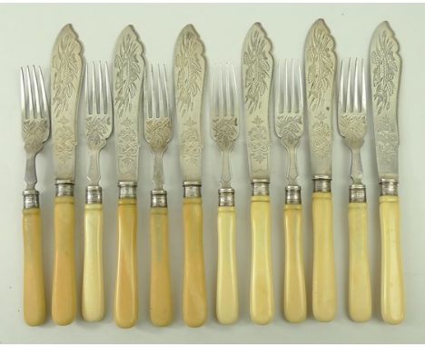 A set of twelve Victorian silver fish knives and forks with bone handles, engraved with fishes and bulrushes, William Hutton 