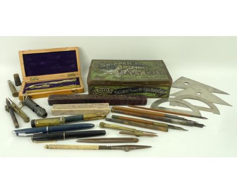 A quantity of pens and mathematician's tools, comprising The 'Mammoth' Pen Holder for Joseph Gillotts Spring Ground 'Mammoth'