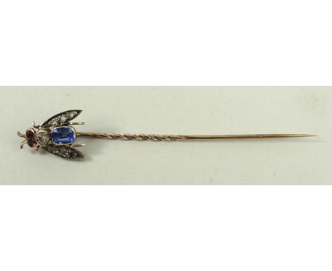A Victorian gold, old cut diamond and ruby set stick pin modelled as an insect, 1.6g.