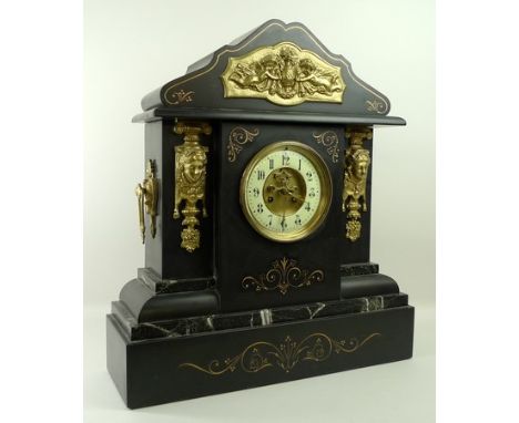 A French slate and marble mantel clock, late 19th century, of architectural form, brass dial with visible brocot escapement, 