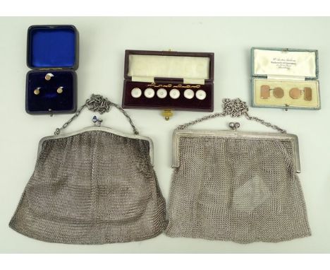 A pair of 9ct rose gold octagonal and rectangular link cufflinks, 6.8g, six mother of pearl shirt buttons, three studs, a sil