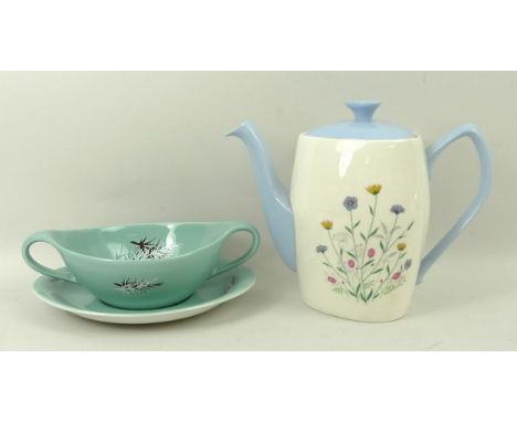 A James Kent vari-coloured pottery soup set decorated in the 'Oregon Pine' pattern, comprising six cups and saucers, a Bretby