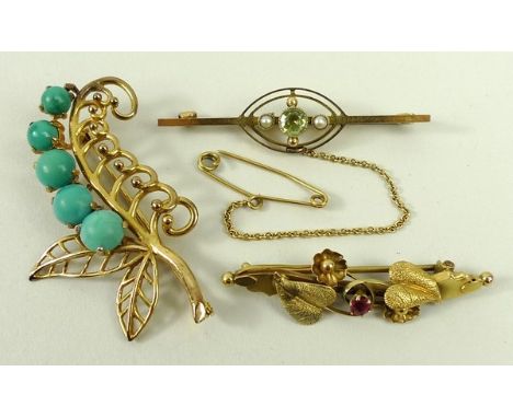 A 9ct gold and turquoise leaf and berry bar brooch, 9ct gold and ruby set leaf bar brooch, and a 9ct gold, peridot and seed p
