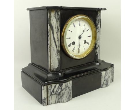 A French slate and marble mantel clock, Hry Marc, late 19th century, enamel dial bearing Roman numerals, Japy Freres eight da