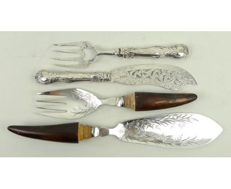 A Victorian silver fish knife and fork with pierced and engraved foliate decoration, John Newton, Birmingham 1849, and a silv