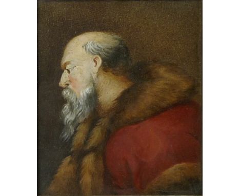 A 19th century portrait study of a gentleman scholar wearing a red coat with fur trim, watercolour, 16 by 14cm. 