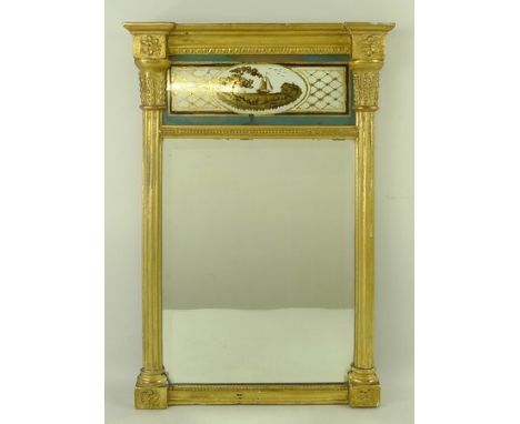 A Regency giltwood pier mirror, the upper section having a verre eglomise panel depicting a boat, the rectangular bevelled mi