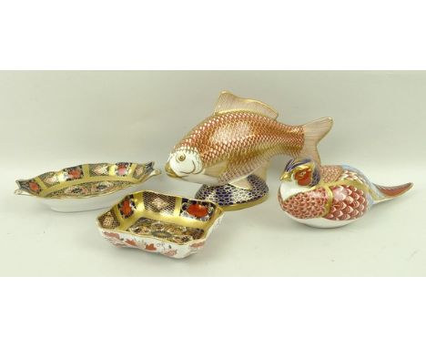 A Royal Crown Derby imari paperweight modelled as a cock pheasant, another modelled as a carp, second, and two trinket dishes