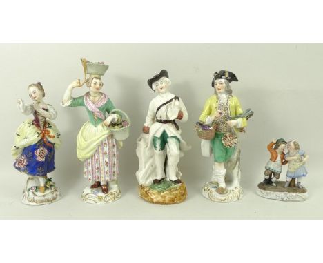 A Meissen porcelain figure modelled as a lady holding a basket of flowers and with another basket of flowers on her head, 16c