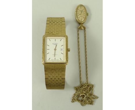 A Rotary lady's 14ct oval textured gold cased pendant watch, 21 jewelled movement numbered 1677, 8.3g total weight, on a 9ct 