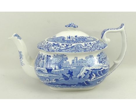 A Spode pottery part dinner and tea service decorated in blue and white in the 'Italian' pattern, comprising a vegetable ture