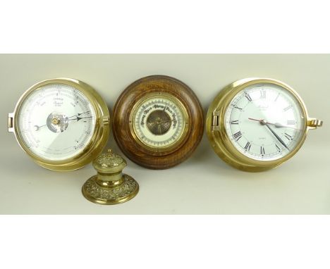 A Rapport Quartz brass porthole clock, a similar Rapport barometer, 16cm, a 1950's oak barometer, 20cm, and a brass desk inkw