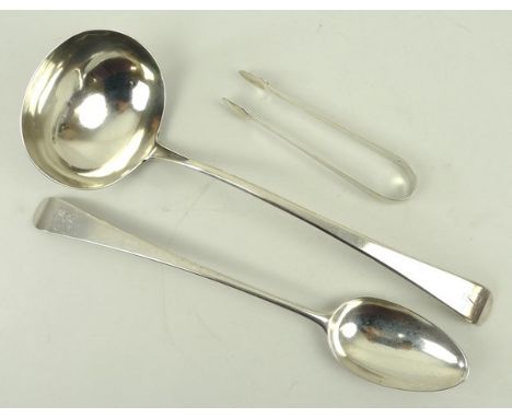 A George IV silver ladle, William Bateman, London 1822, a George III silver serving spoon, George Smith, London 1784, and a p