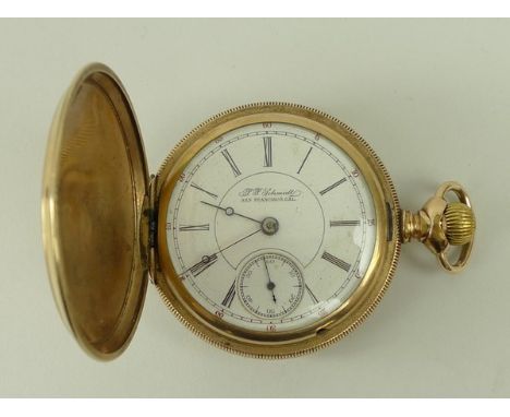 An Elgin 14ct gold plated, keyless wind, hunting cased pocket watch for P P Schmidt, San Francisco, enamel dial bearing Roman