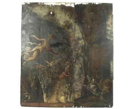An 18th century Flemish School oil on panel, depicting mythical beasts above a pit of fire, with hell hounds to the lower rig