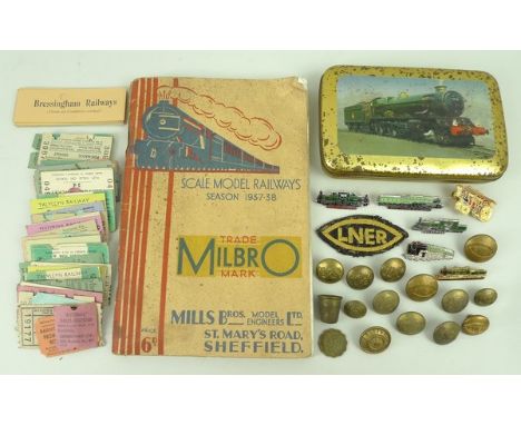 A quantity of assorted railway LNER brass buttons and train badges, railway tickets, and a Scale Model Railways booklet seaso