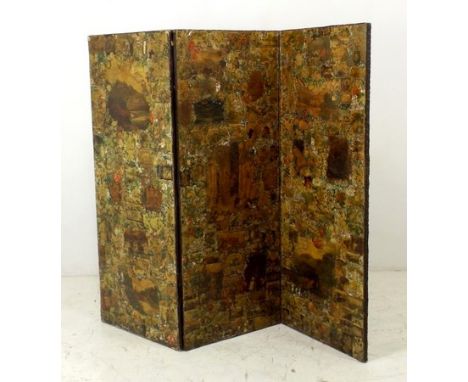 A Victorian three fold screen with applied decoupage depicting various scenes, flowers and figures, each panel 61cm, 183 by 3
