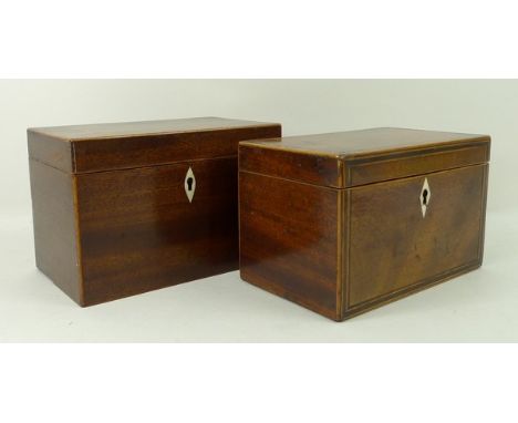A George III mahogany tea caddy with boxwood stringing to edges and mother of pearl escutcheon, two lidded compartments to in
