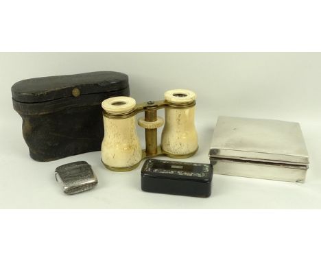 A square silver cigarette box, Birmingham 1945, pair of ivory bound opera glasses, Victorian papier mache snuff box and a Vic