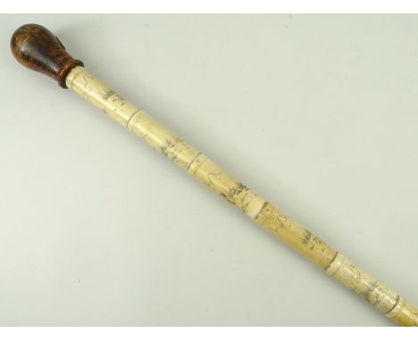 A Chinese sectional bone walking stick, incised decoration depicting sitting scholars and ladies, later added wooden handle, 