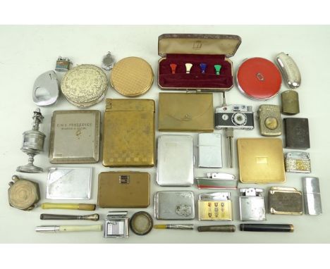 A quantity of pocket lighters together with a novelty camera lighter, powder compacts, cigarette holders and a cigarette case