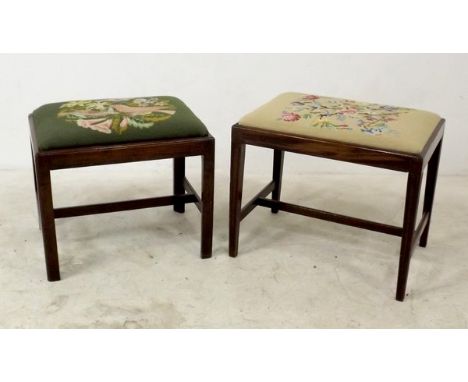 Two 19th century mahogany stools with tapestry seats, one with chamfered legs and a H-form stretcher, 59 by 41 by 50cm high. 