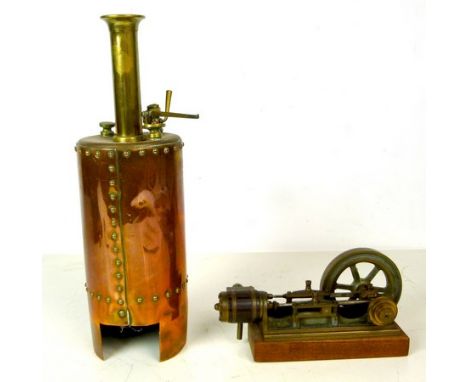 A near pair of Kennion type vertical gas fired copper boilers, 39.5 and 32.5cm high, one with chimney and one without, togeth