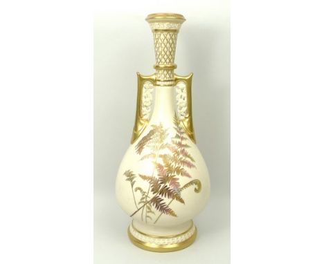 A Royal Worcester blush porcelain vase, circa 1889, of twin handled, baluster form painted with ferns and grasses, printed ma