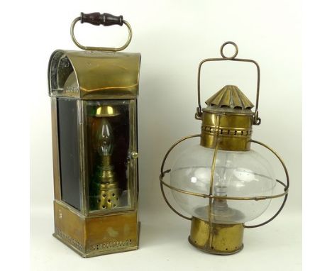 A Victorian brass lantern, converted to electricity, 45cm high, and a brass hanging light, 39cm high. 
