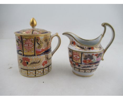 A Chamberlains Worcester tankard with cover and milk jug decorated with an Imari pattern height approx 6ins&nbsp;Condition Re