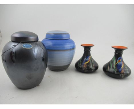 A pair of Shelley vases, decorated with kingfishers to a black ground, height 5ins, together with a Shelley covered ginger ja