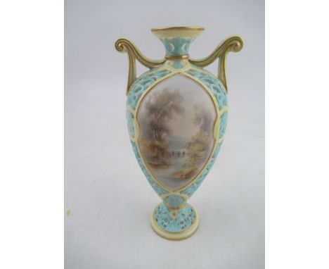 A Grainger's&nbsp; Worcester turquoise pierced vase with reserved landscape panels, height 7.5ins&nbsp;Condition Report:  Pos
