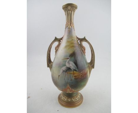 A Royal Worcester vase, the front decorated with two storks wading by Lewis and a landscape to the reverse, shape number H229