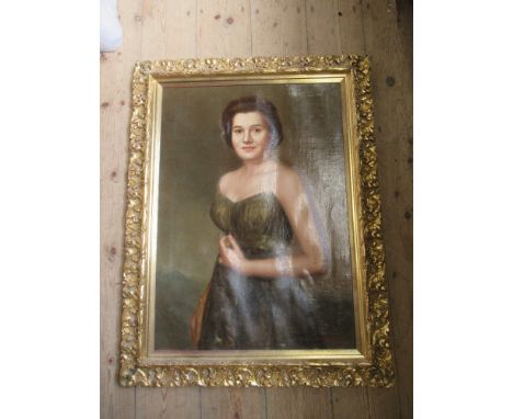 A 20th century English school oil on canvas portrait of a lady wearing a ball gown indistinctly signed Tuentas Doamingimg dat